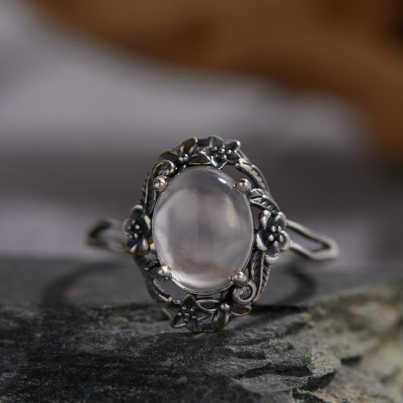 Anello Aperto in Argento Sterling S925 Cristallo Naturale Polvere d'Oro Blu Colore Calcedonio Argento Baotai Stile Etnico Retrò Femminile