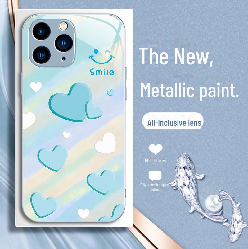 Gradient Love Smiley Liquid Glass Case for iPhone 11 Pro Max/XS/12 - Full Protection & Anti-Fall Lens