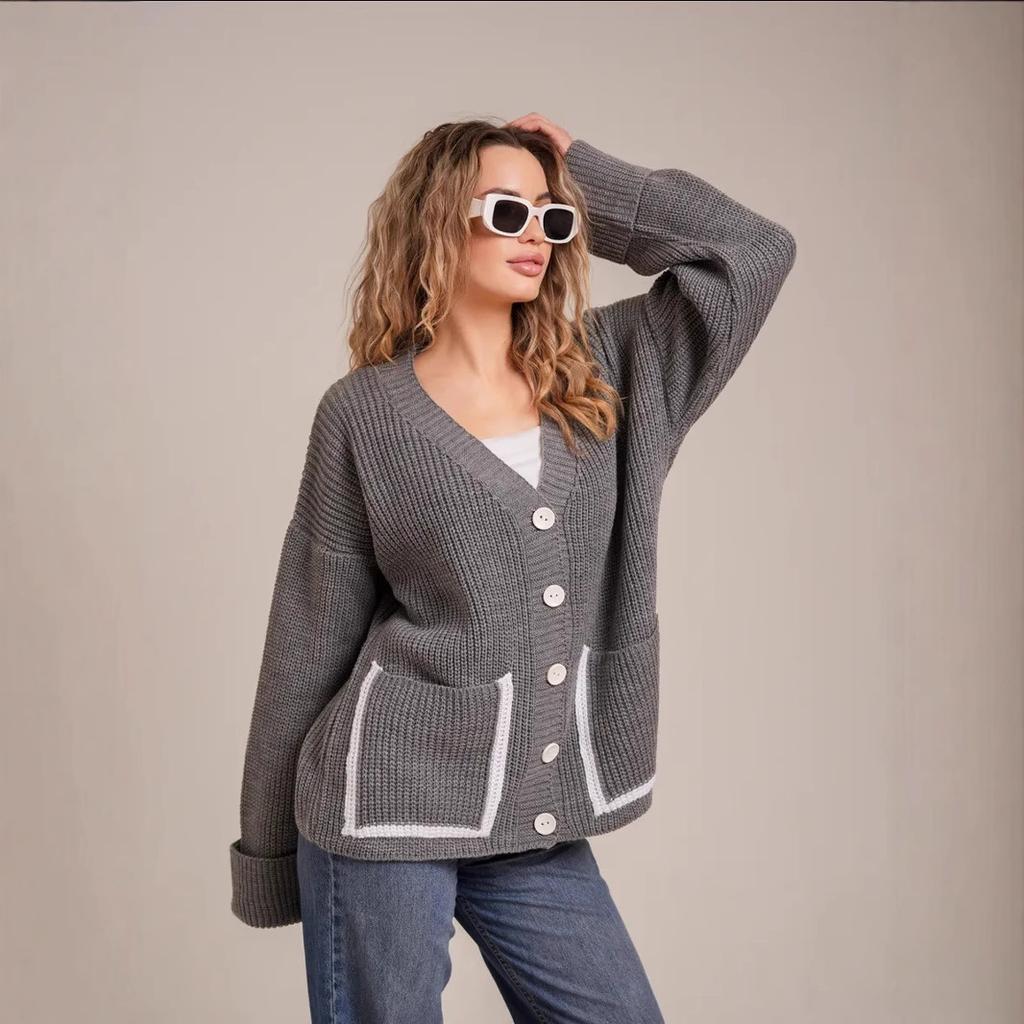 2025 Spring and Autumn New Style Women's Clothing Pocket Contrasting Color V-neck Knitted Cardigan Sweater Women's Jacket