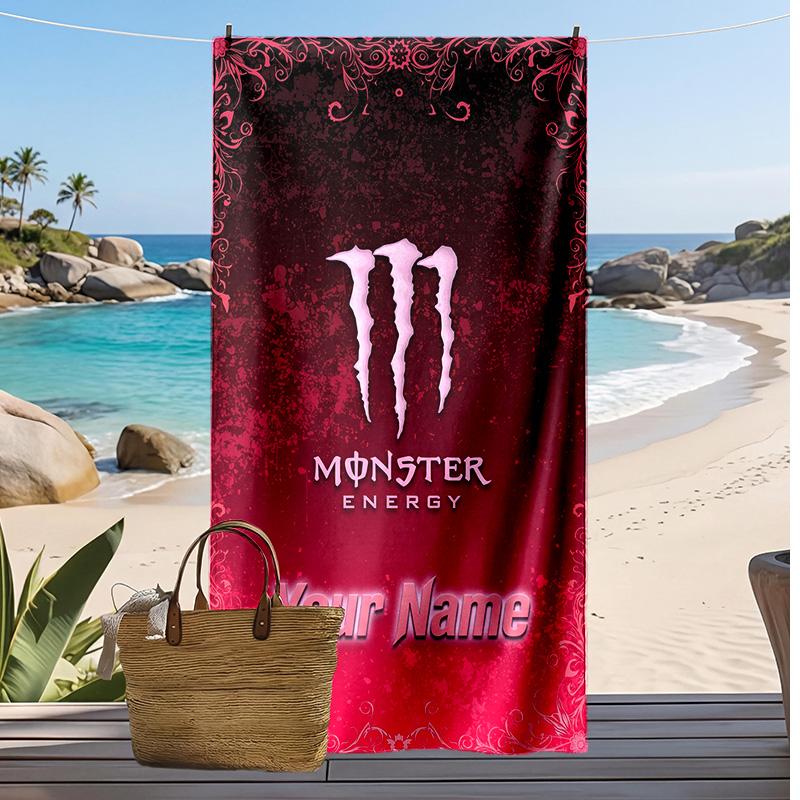 Asciugamano da Spiaggia Personalizzato Monster Energy, Stampa il Tuo Nome Testo Asciugamano Leggero Assorbente per Nuoto Viaggio