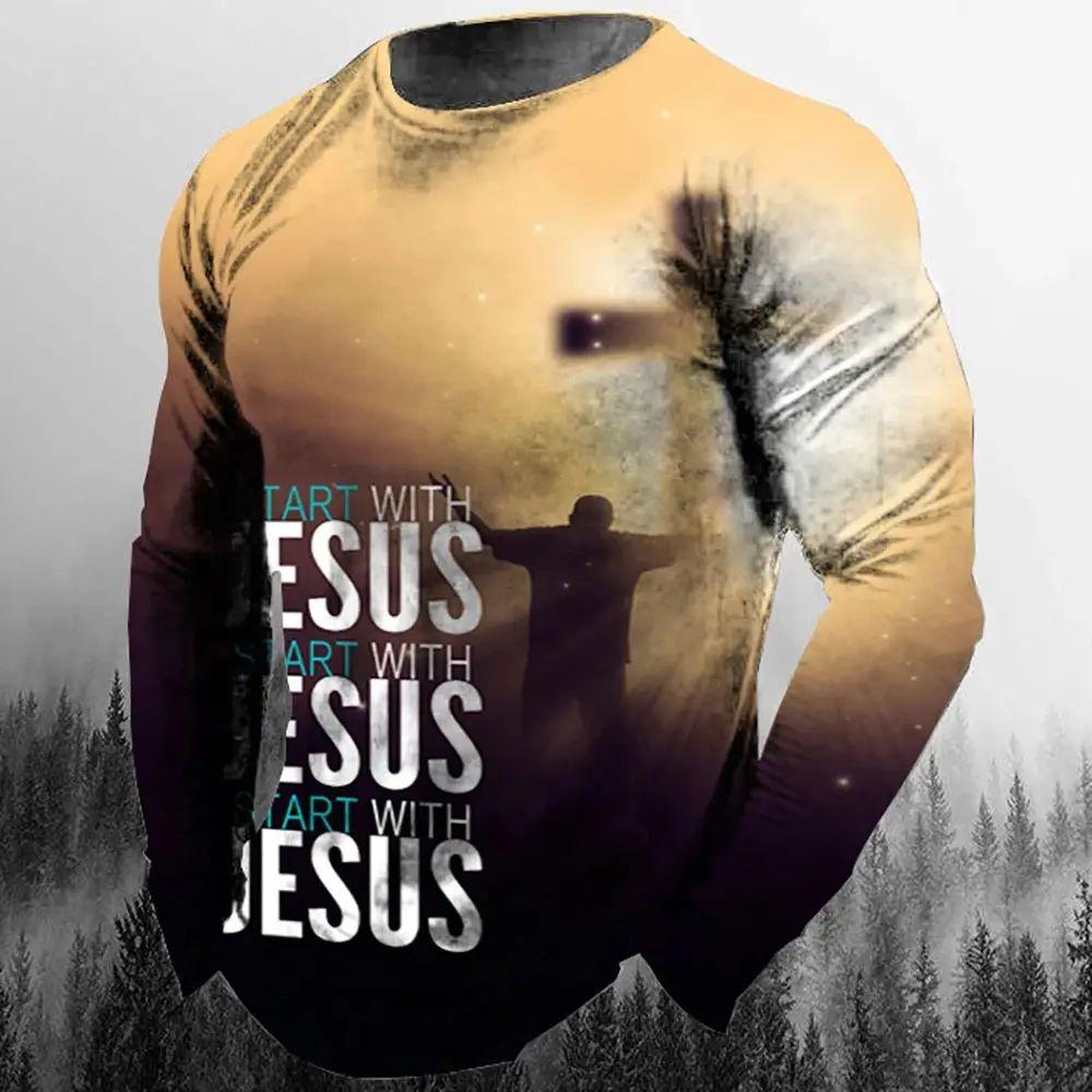 Camiseta de manga larga informal de moda para hombre con estampado 3D retro de Jesucristo, personalidad callejera, cuello redondo holgado, estilo Harajuku, top de gran tamaño
