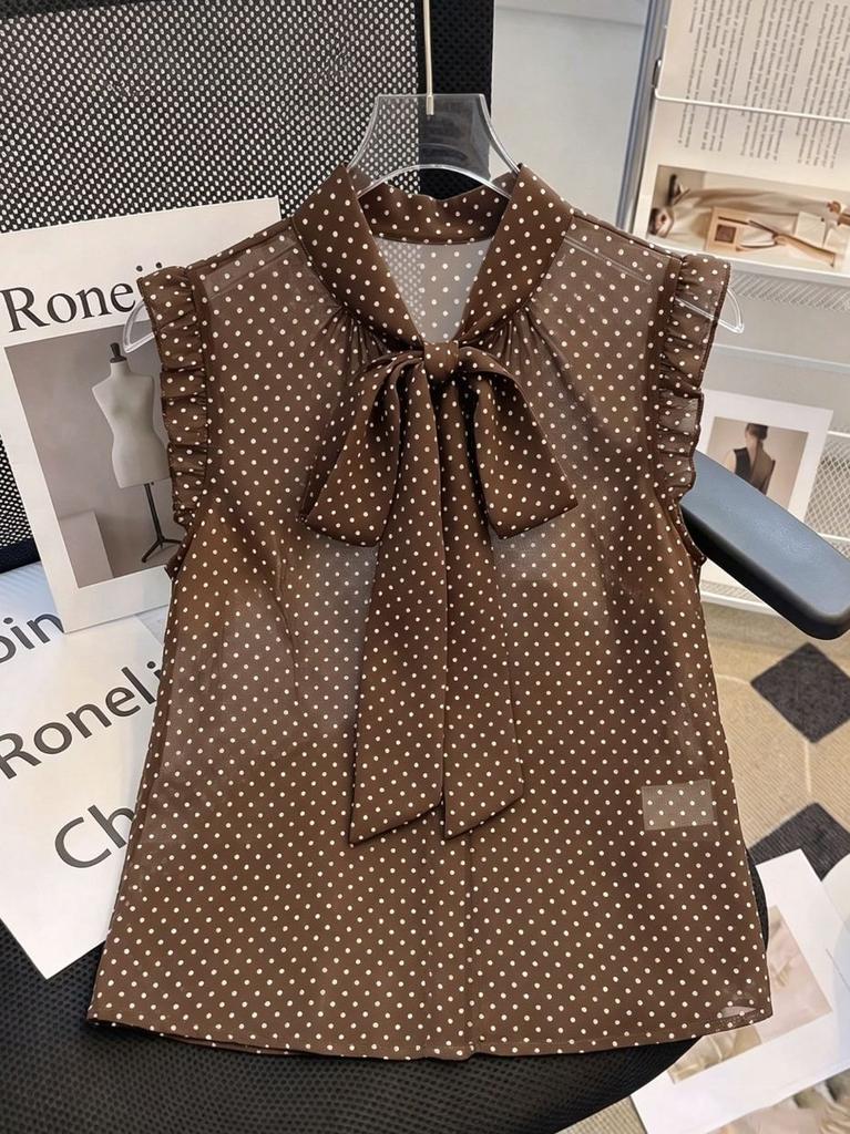 Specially for Retro Polka Dot Bow Lace-up Shirts, New European and American Temperament Versatile Tops