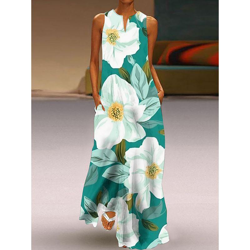 Fashion Plus Size Fancy Dress 3D Print Fashion V Neck Pocket Long Dress Large Swing Sexy Sleeveless Beach Dress