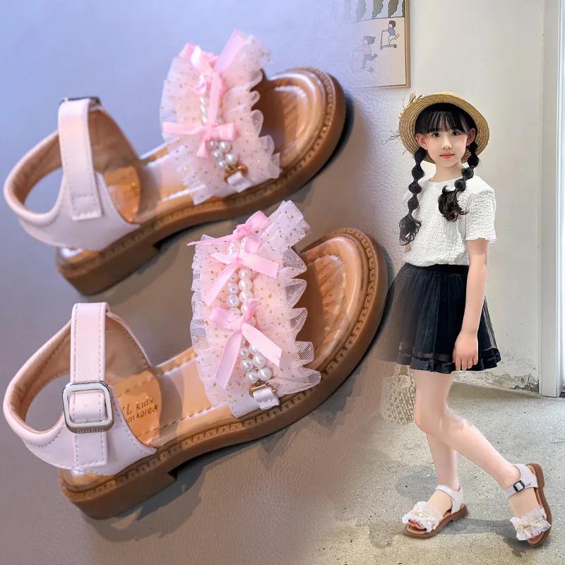 Fashion 2025 Summer New Girls' Sandals Light Luxury Wind Net Gauze Pearl Soft Soled Princess Shoes Little Girls Fashion Beach Shoes