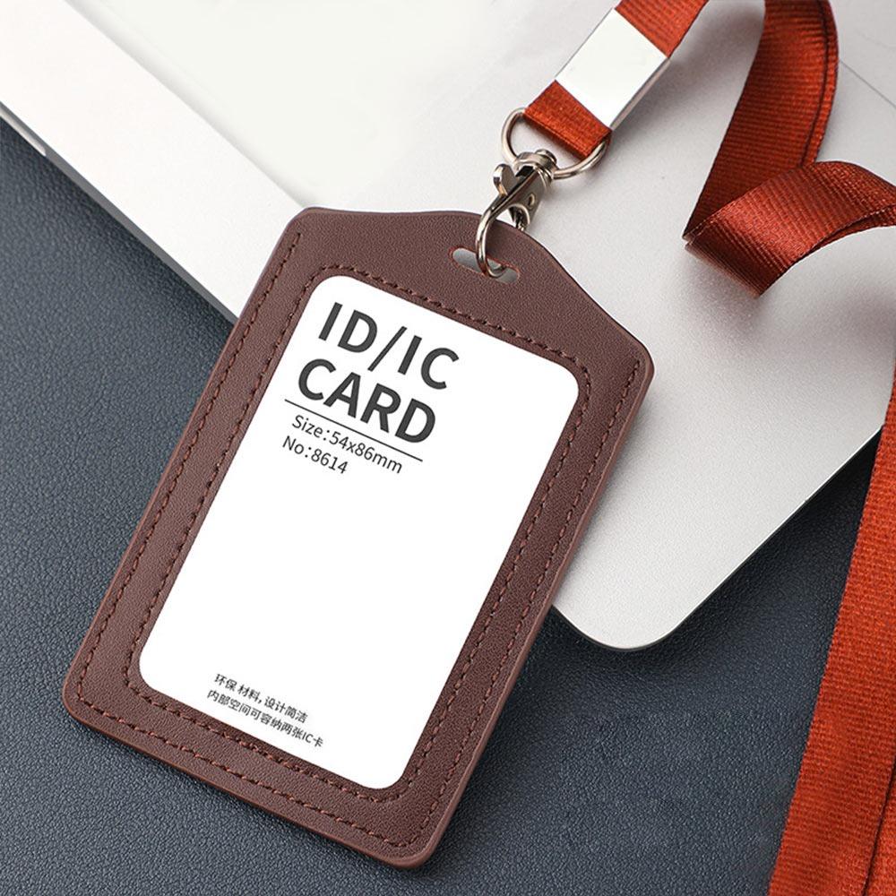 

High Quality Genuine Leather Work Card Holder With Neck Lanyard Solid Color ID Card Cover Chest Cards Cases Business