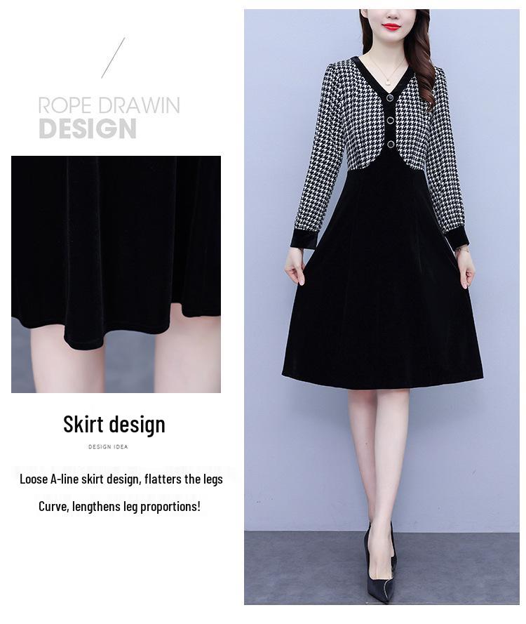 Women's Houndstooth Velvet Patchwork High Waist Midi Dress