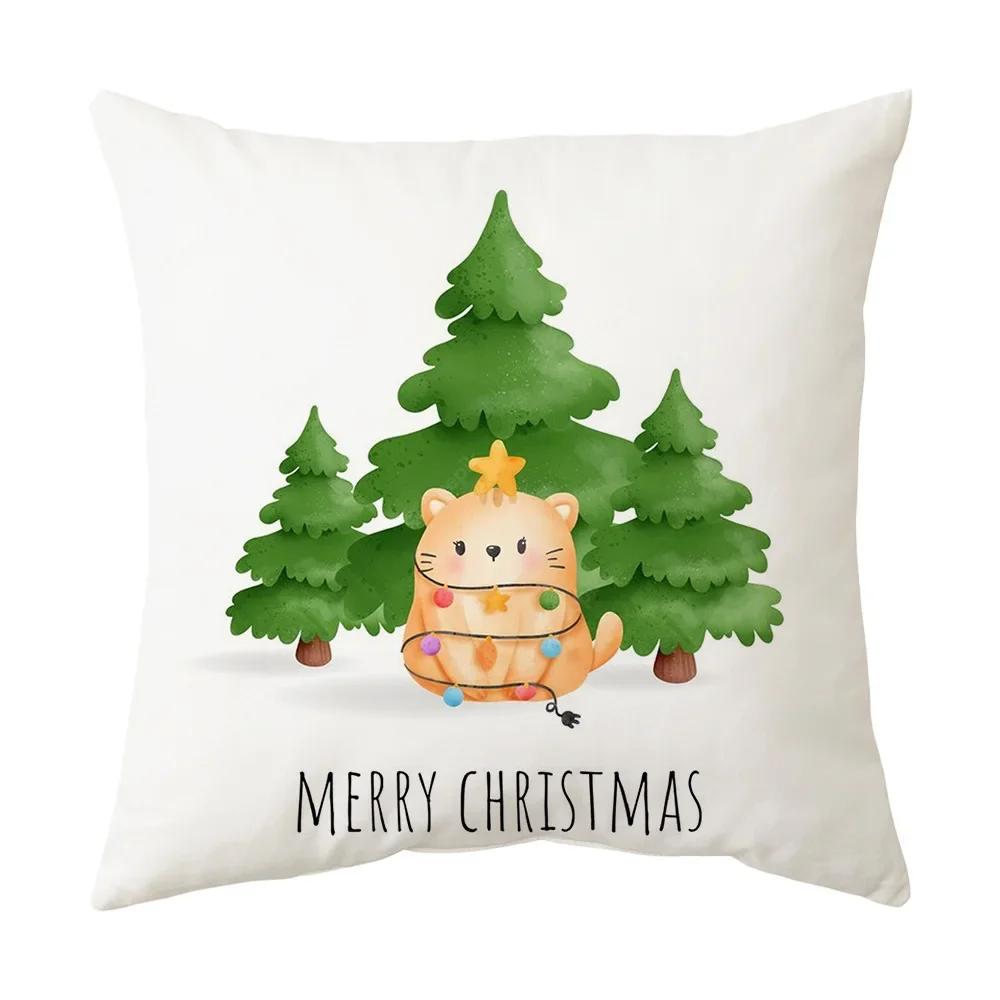 Printed Christmas Cushion Cover Cartoon Santa Claus Tree Pillowcase Happy New Year Home Gift Izable