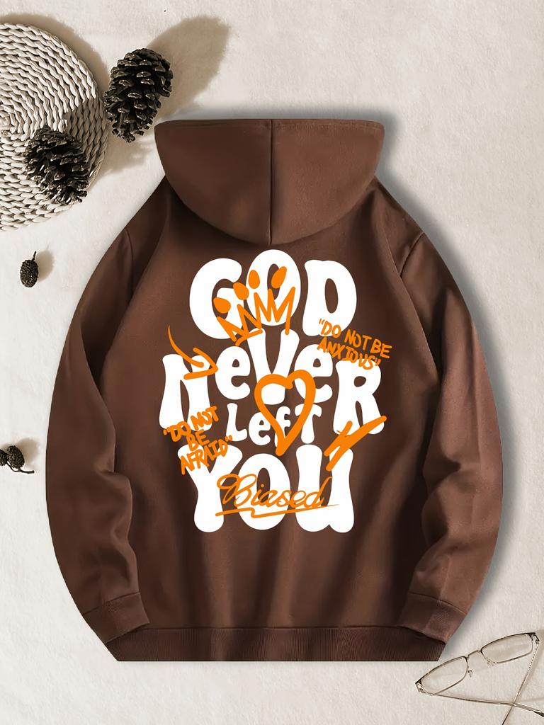 Cozy Brown God Never Left You Inspirational Hoodie Polyester Casual Sweatshirt with Flame Graphics Pockets Long Sleeves for Men