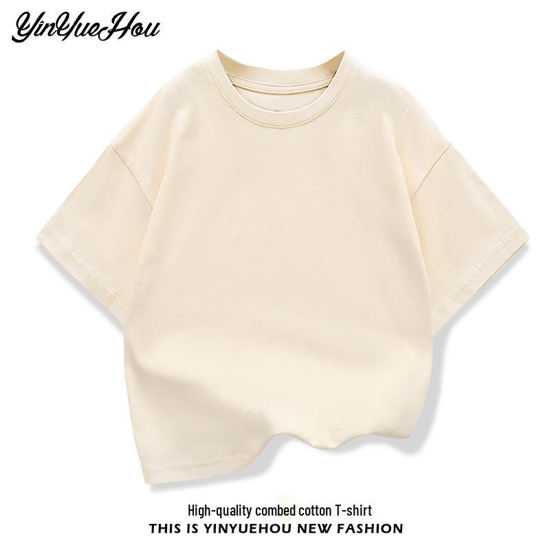 Boys' Summer Korean Style Solid Color Drop Shoulder T-Shirt, Loose Fit, Half Sleeve