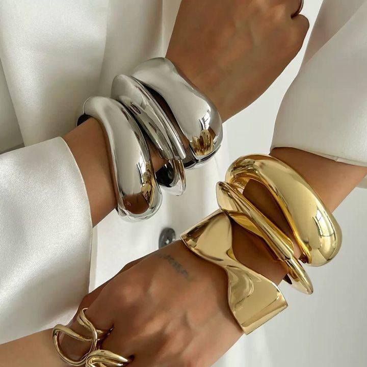 European & American Geometric Double-Layer Metal Bangle Bracelet: Exaggerated Design with Hollowed-Out Details