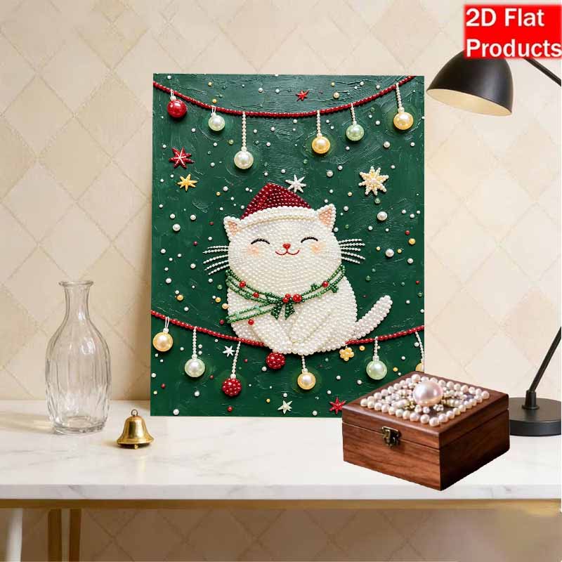 DIY Frameless Pearl Painting Kit Festive Christmas Cat Cozy Home Decor 3D Shiny Bead Art Canvas Relaxing Craft Gift for Adults
