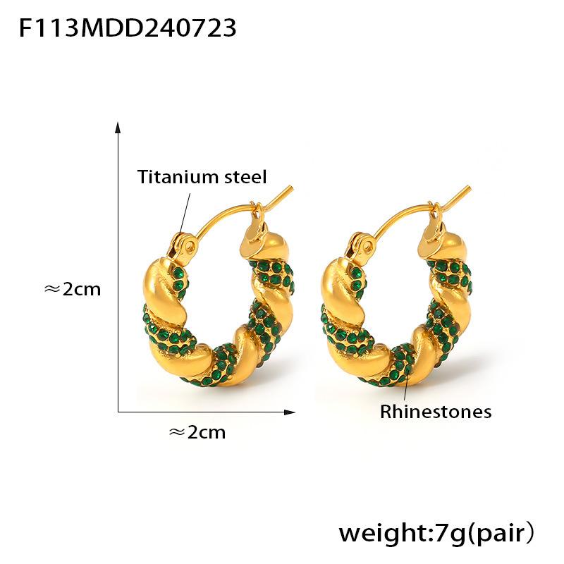Wind New Inlaid White, Green and Black Diamonds Twisted Shape Earrings Temperament Personalized Design Titanium Steel Plated 18k Real Gold Women