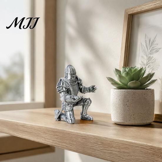 Functional Home Office Decor 3D Printed Knight Pen Holder, Kneeling Armor Stand, Vintage Novelty Writing Instrument Holder Statue Stationery Organizer
