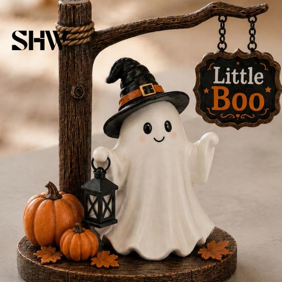 Unique Birthday Gifts for Friends Cute Ghost Figurine with Witch Hat, Resin Halloween Tabletop Decor, Little Office Desk Spooky Decor Boo Statue Fall