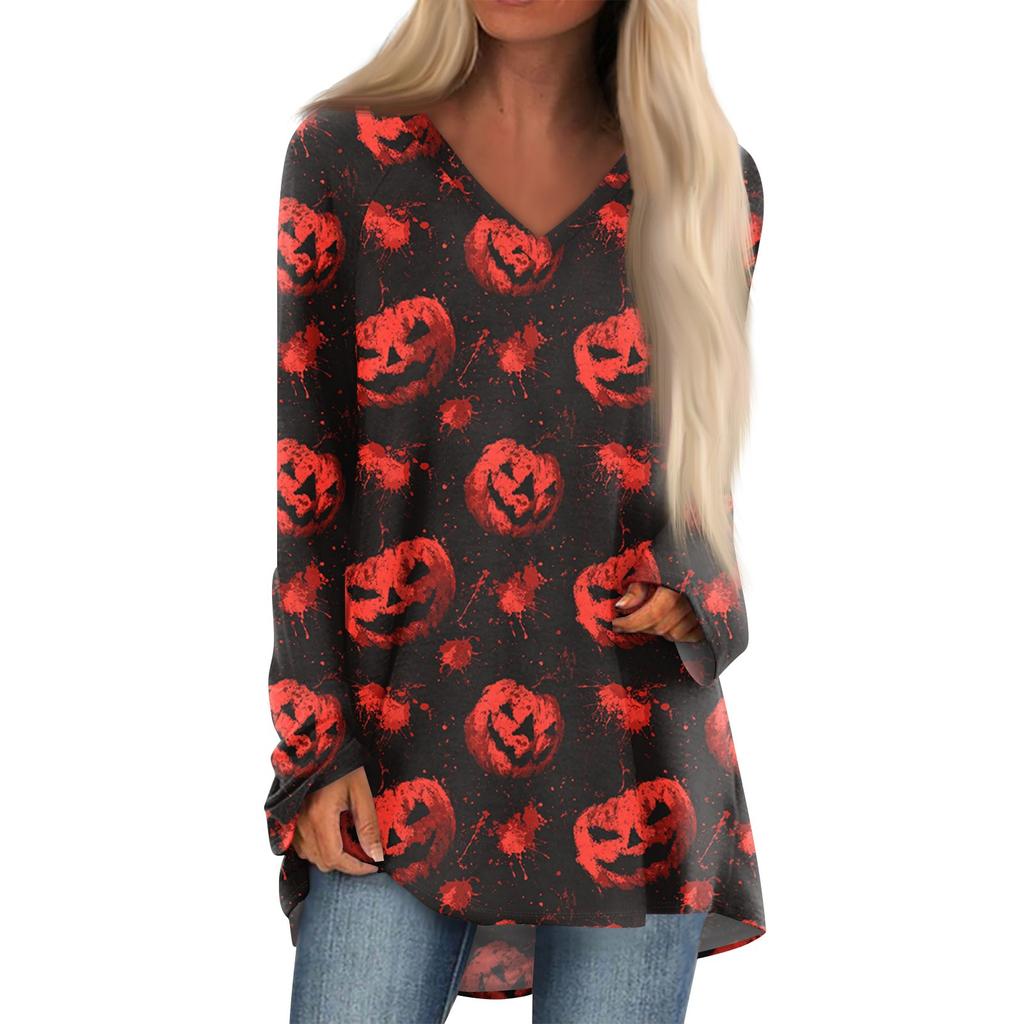 Ladies' Fashionable And Casual Halloween Printed T-shirt Long Sleeved V-neck Mid Length Top