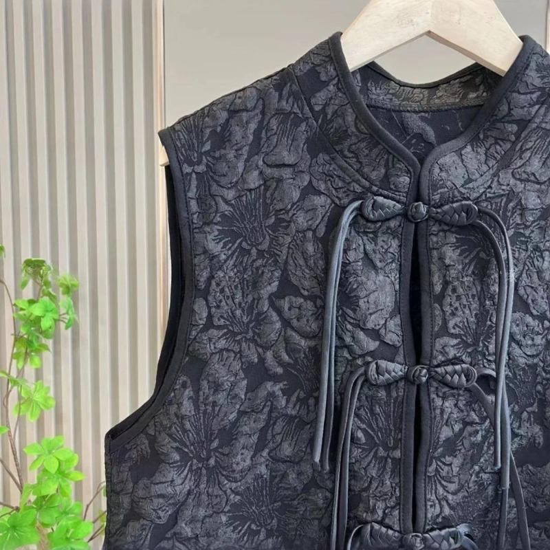 Vestă Neagră Vintage Brodată cu Nasturi Broderie Stil Chinezesc Jachetă Fără Mâneci