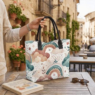  Boho Rainbow Cloud Print Tote Bag Portable Large Capacity Shopping Bag Casual Daily Shoulder Bag