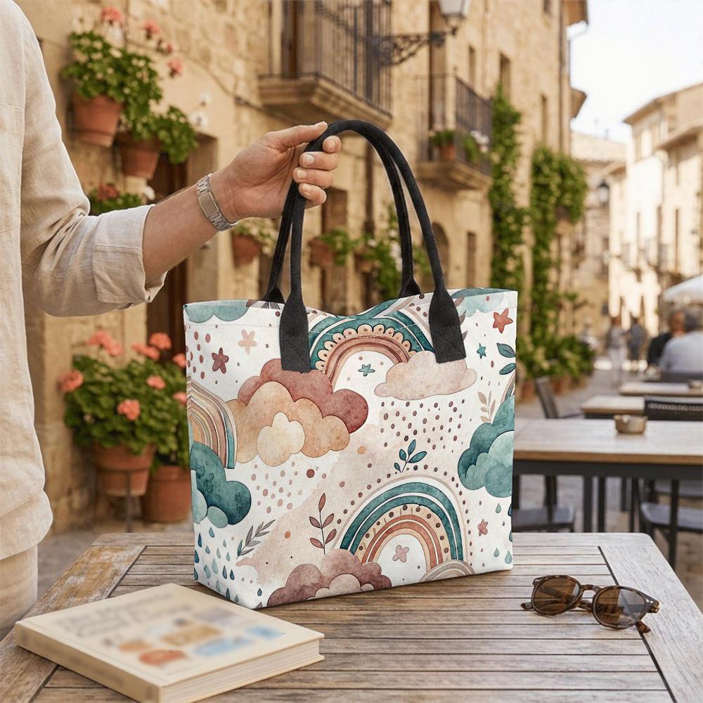 Boho Rainbow Cloud Print Tote Bag Portable Large Capacity Shopping Bag Casual Daily Shoulder Bag