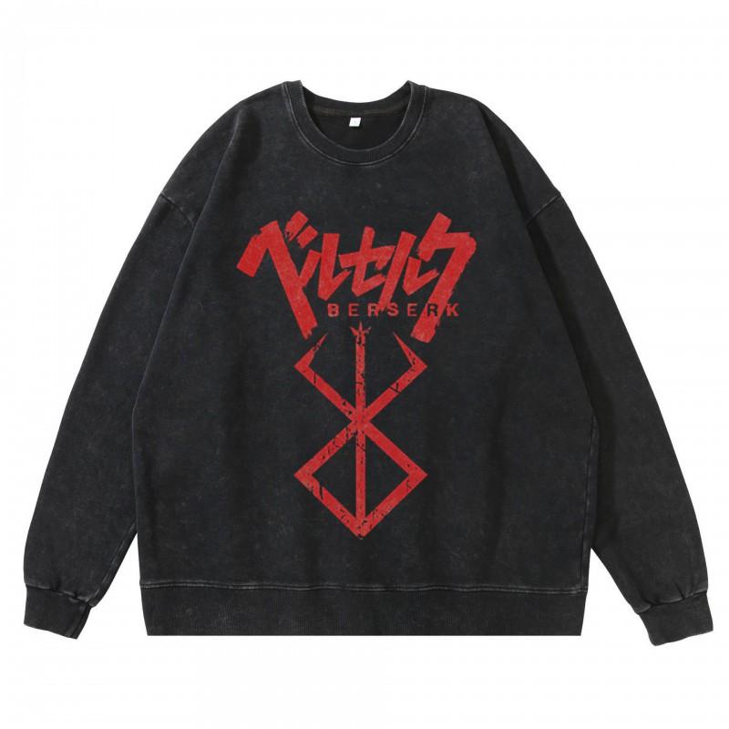Heavyweight 360g Washed Vintage Berserk Anime Streetwear Cotton Pullover Hoodie-Free Crewneck Sweatshirt Men
