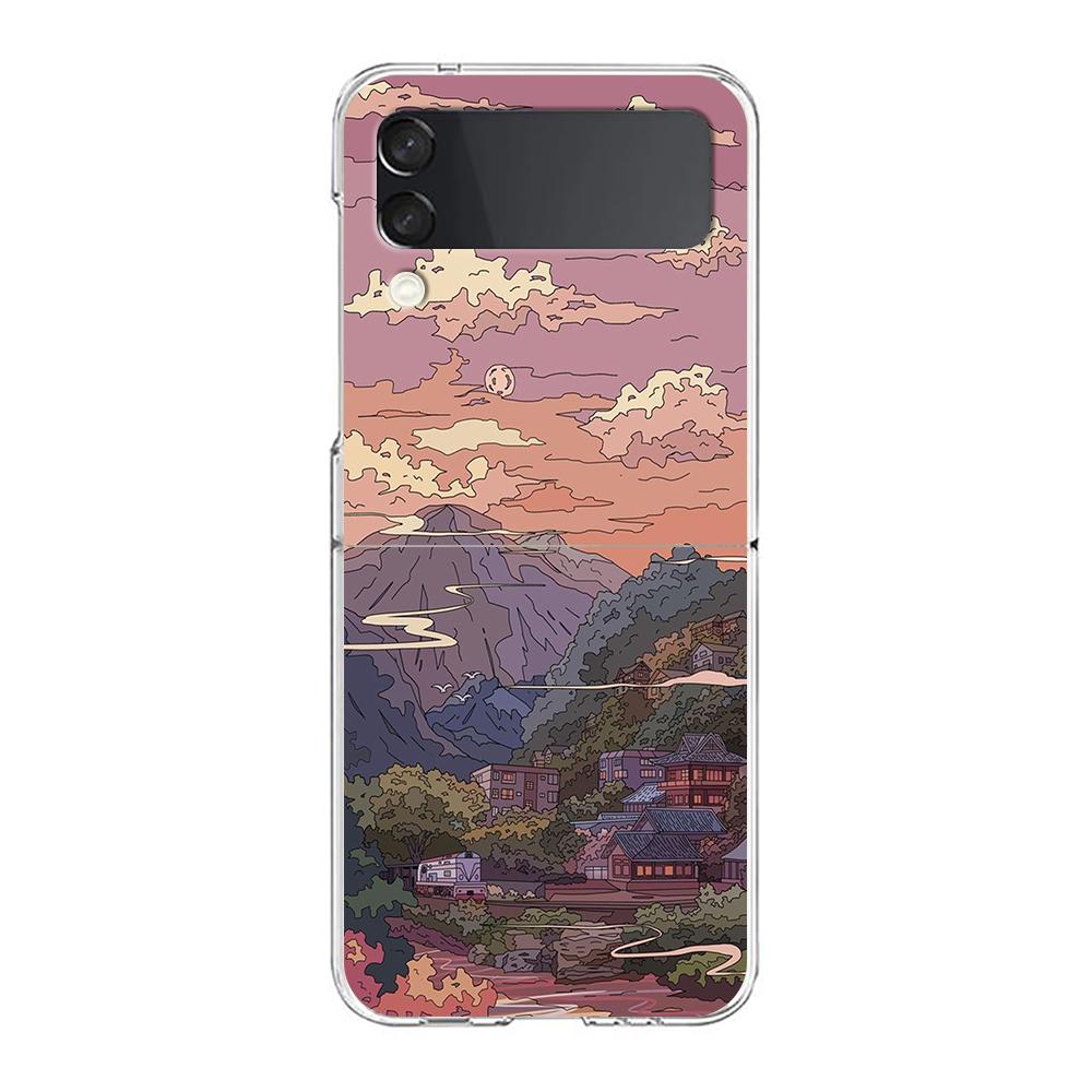 INS Korean Sunset Scenery Case For Samsung Galaxy Z Flip 3 4 5G Hard HD Folding PC Phone Cases For Samsung Z Flip3 Clear Cover