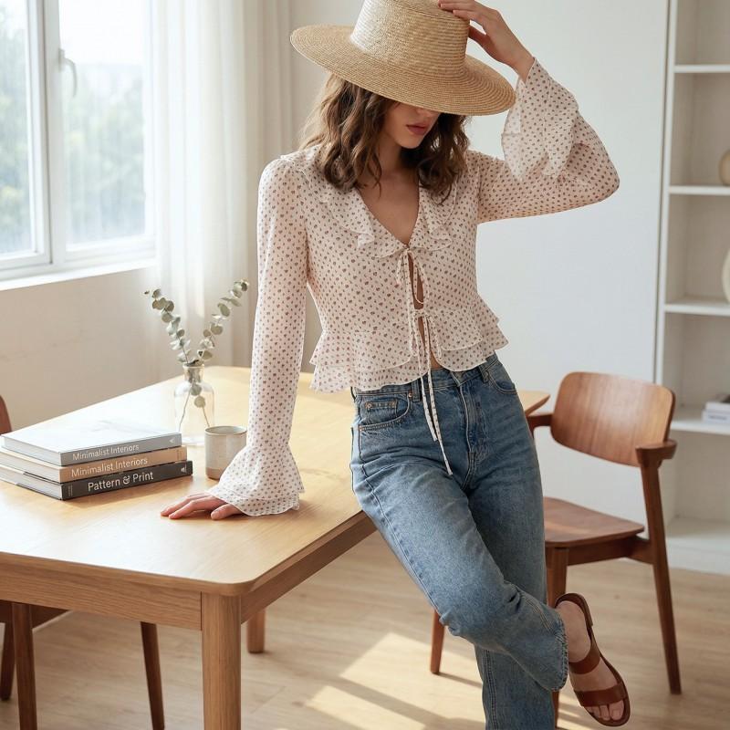 European American French Gentle Sweet Floral Ruffled Petals Long-sleeved Lace Chiffon Top M
