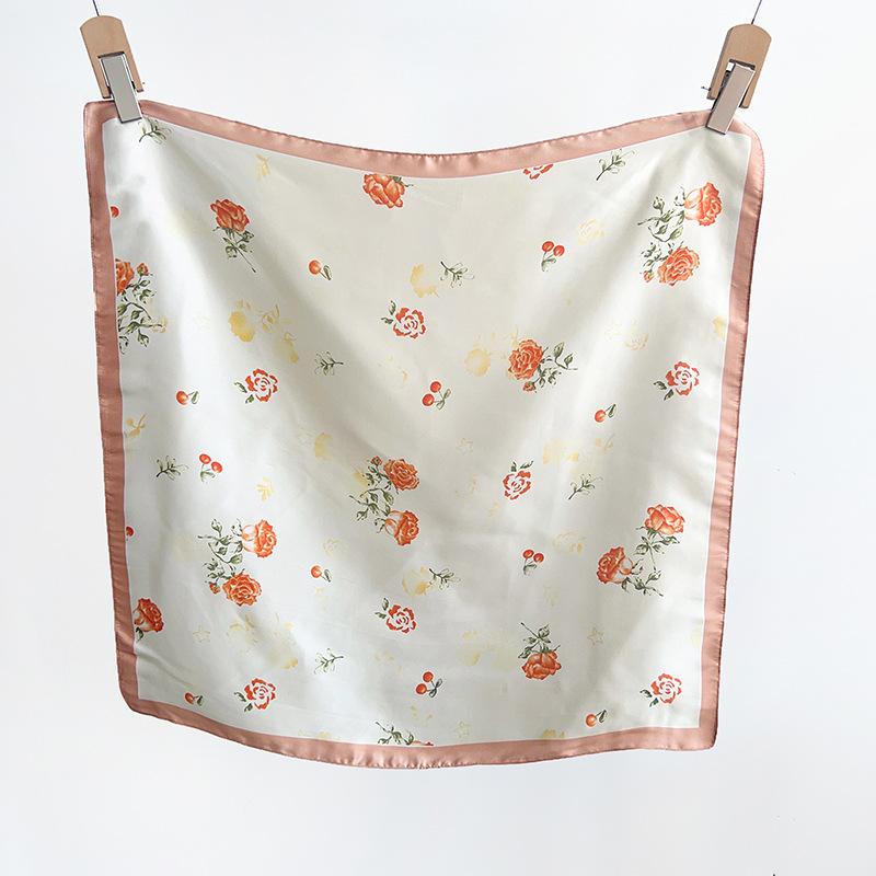 1116 Spring and Summer New Small Fresh Literary Flower Square Scarf Silk Scarf Women's Ins Imitation Silk Versatile Silk Scarf Headscarf