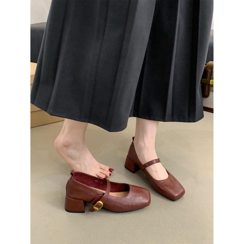 French Retro Square Toe Mid-Heel Mary Jane Shoes for Women - Elegant Spring & Autumn Style with a Chunky Heel and Fairy Aesthetic