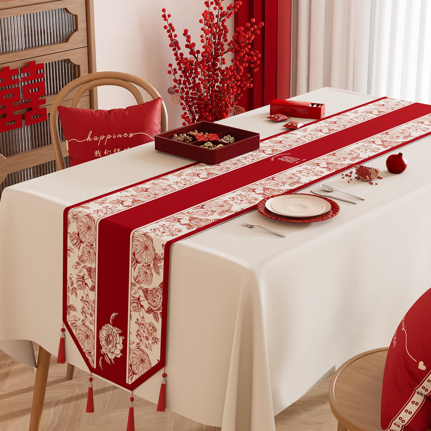 

Wedding Table Flag High-End Coffee Table Tablecloth Red Tv Cabinet Light Luxury High-End Special Festive Characters 35*120cm