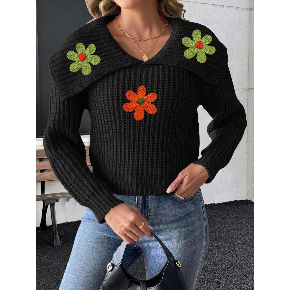 Women’s Cropped Top, Woven Knit, Large Lapel, Embroidered Floral Patchwork Pullover