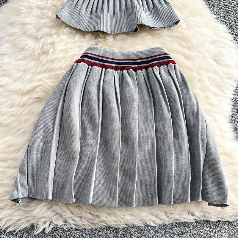 Summer Women College Style Knitted Sweater Two Piece Set Girl Polo Collar Pullover Top and Mini Pleated Skirt Suit