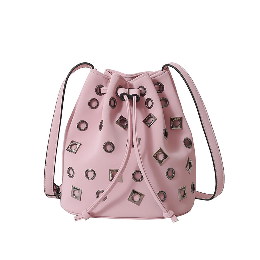 Versatile Commuter Large Capacity Bucket Shoulder Bags Women Large Capacity Rivet Drawstring Crossbody Waterproof Bag (23cmx21cmx15cm) розовый