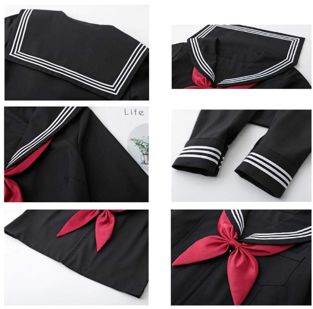 Aculldo Sailor Uniform, Black, Short-Sleeved & Long-Sleeved, Long Skirt, 3-Piece Set, Goldfish Knot, White Three-Strand Knot, Kansai Collar, Front Ope