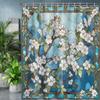 Stained Glass Shower Curtain Chinoiserie Art Nouveau Blue and White Floral Shower Curtains for Bathroom Decor Set, Waterproof