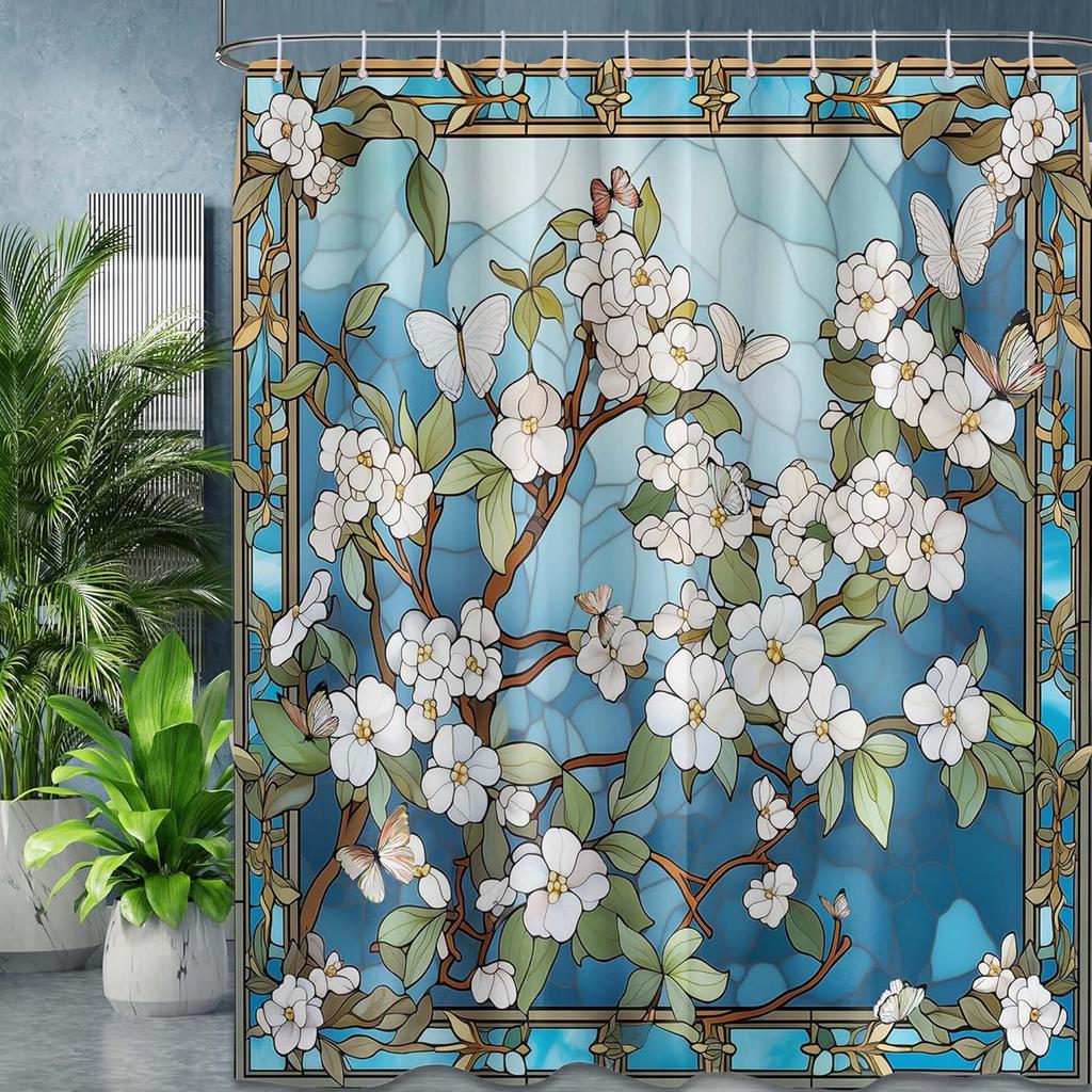 Stained Glass Shower Curtain Chinoiserie Art Nouveau Blue and White Floral Shower Curtains for Bathroom Decor Set, Waterproof