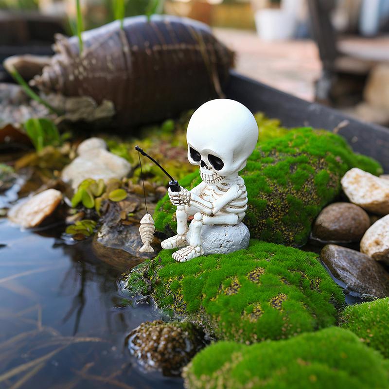 Fishing Skeleton Statue Halloween Decorations, Cute Sitting Skull Figurine Shelf Sitter Resin Sculpture For Outdoor Garden Yard