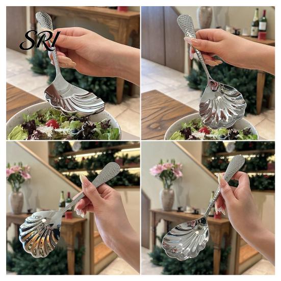 Decorative Serving Spoon Hammer-Grain Handle Shell Shape Design Polished Mirror Finish Soup Kitchen Tableware Artistic