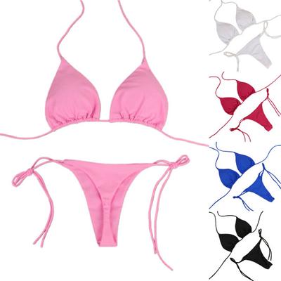 2 Teile/satz Bikini Set Einfarbig Neckholder Strap Tanga Frauen Badeanzug Set