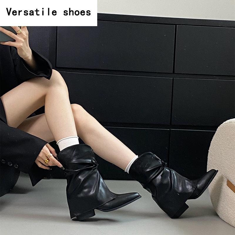 Vintage Thick Heel Women Ankle Boots Fashion Pointed Toe Slip On Shoes Autumn Winter Laides Concise Short Booties