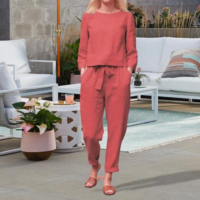 2 Pcs/Set Women Top Pants Set Round Neck Long Sleeves Blouse Vintage Elastic Waist Trousers Daily Leisure Loose Outfit