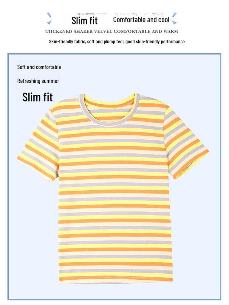 Women's Summer Round Neck Striped Cotton T-Shirt: Colorful, Casual, Loose, Age-Reducing, Slimming Design.