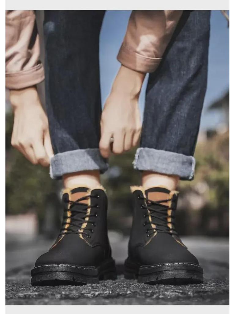 Men's Stylish White Korean High-Top Winter Sneakers with Plush Lining