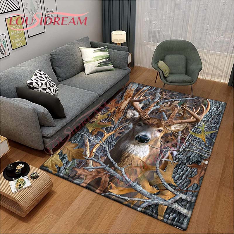 3D Cartoon Deer Rug Wildlife Mountain Landscape with Forest Carpet for Home Living Room Elk Carpet for Laundry Kids Play Carpets
