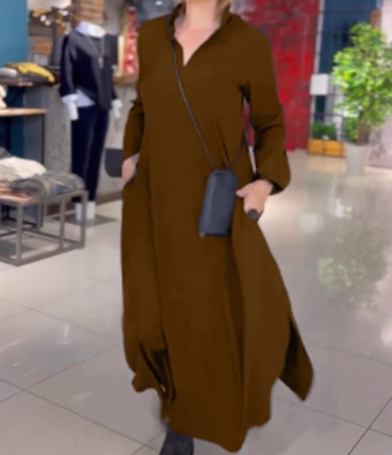 2026 Autumn/Winter European American Casual Solid Color V-Neck Long Sleeve Dress for Women