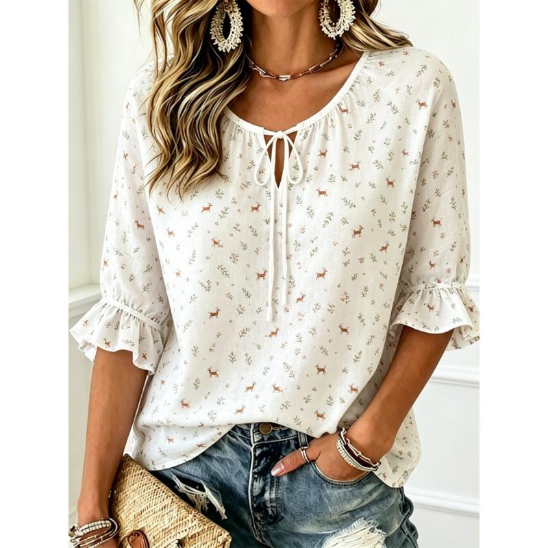 Women's Tie Keyhole Neck Blouse, White Base Tiny Pink Ditsy Floral Scroll Print, Loose Fit for Spring Summer Daily Outfits