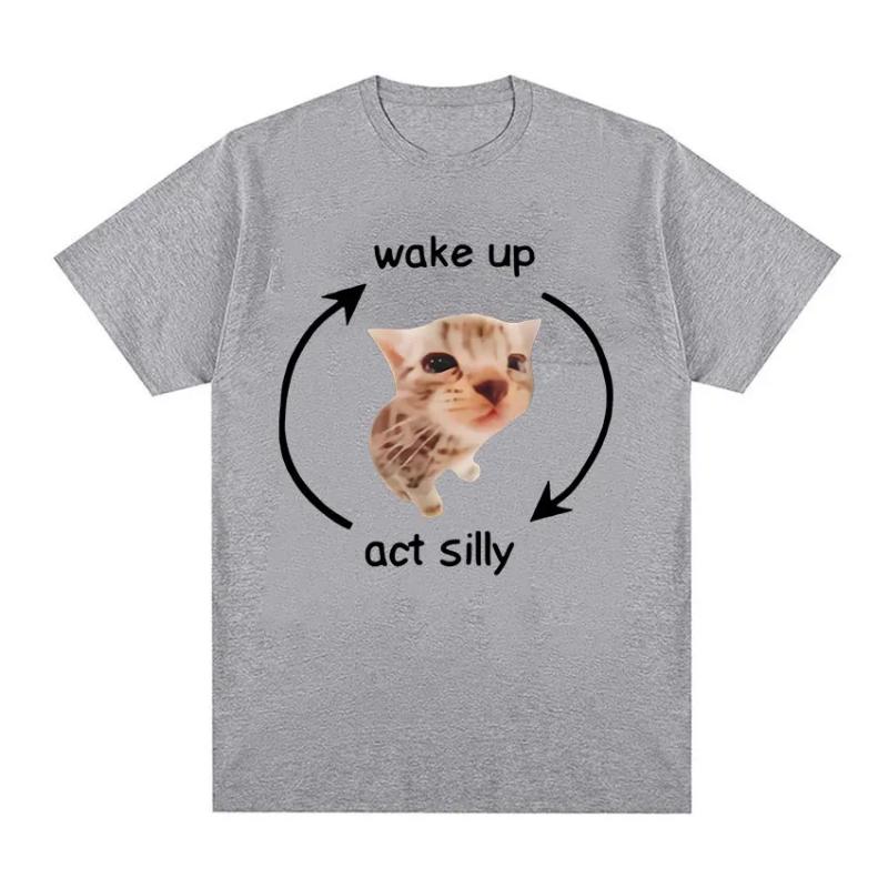 Wake Up Act Silly Meme Graphic T Shirt Funny Cute Cat Print Short Sleeve T-shirt Women Casual Oversized T Shirts