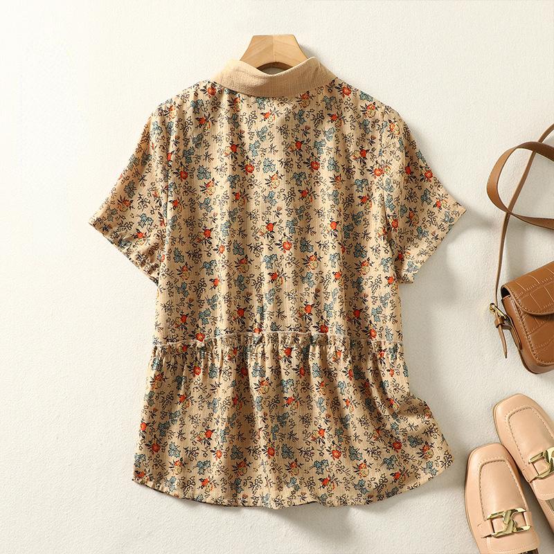 Summer Women Top Artistic Loose Floral Print Blouse Short Sleeve Casual Short Sleeve Patchwork Lapel Collar Shirt