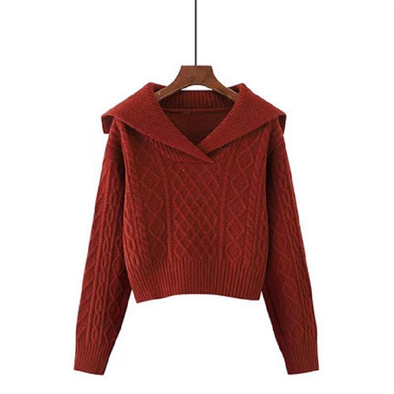 Loose Pullover Retro Sweater Hong Kong Style Women's Autumn and Winter New V-shaped Navy Collar Sweater Women's High-end Sense Versatile