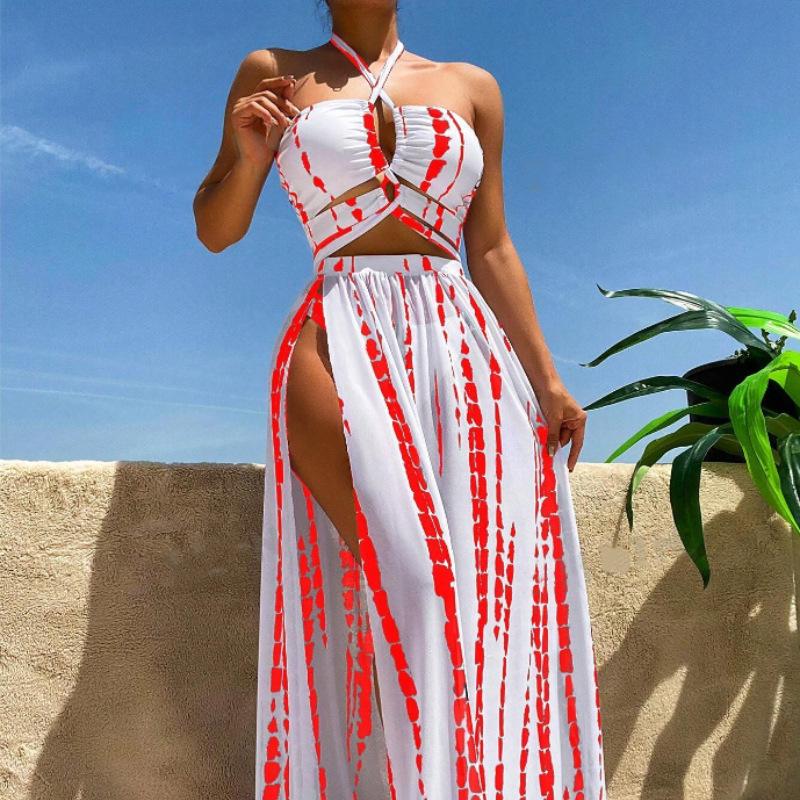 Ευρωπαϊκό & Αμερικανικό Μακρύ Φόρεμα Σκίσιμο Μπικίνι Γυναικείο Σετ Μαγιό 3 Τεμαχίων