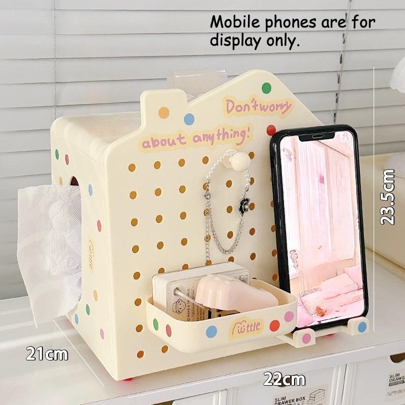 

Kawaii Small House-shaped Desktop Storage Box Multi-functional Pegboard with Tissue Box Desktop Stationery Students Supplies New