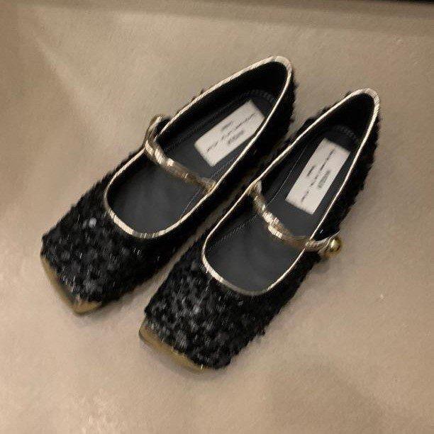 Sequined Mary Jane Single Shoes Women's Shoes 2025 New Spring Flat Bottom Niche High-end French Temperament Evening Shoes